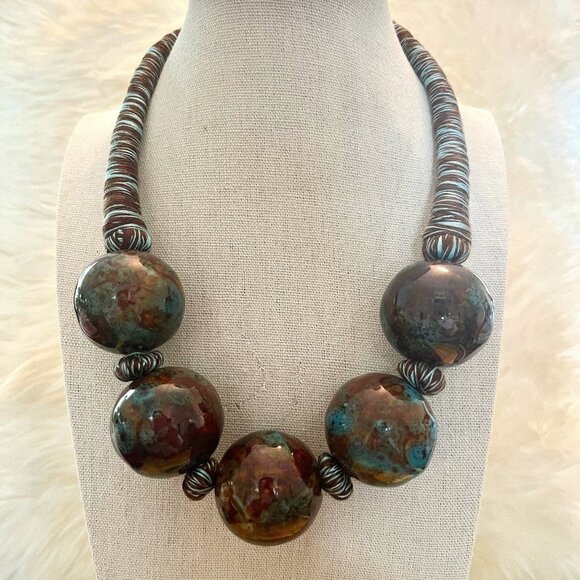 Turquoise & Brown Ceramic Fibre Handmade Necklace Choker Earrings Set 18" NWOT - Picture 2 of 5